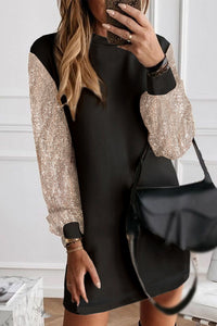 Black Sequin Puff Sleeve Shift Mini Dress.