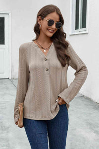 Buttoned Notched Neck Long Sleeve T-Shirt sweatshirt Luxurious Weddings