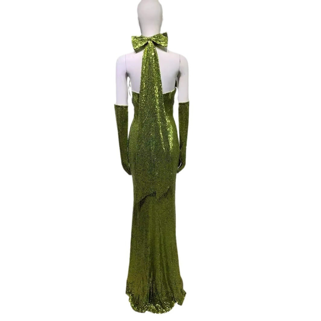 Elegant backless halterneck sexy sequined green bodycon Luxurious Weddings