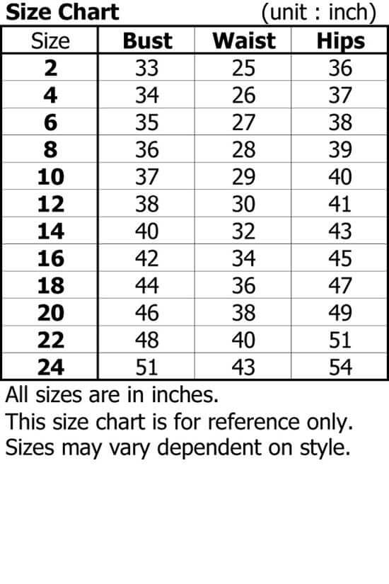 Size chart for women's wedding dresses with measurements for bust, waist, and hips from size 2 to size 24. Measurements in inches.