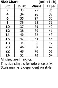 Size chart for women's wedding dresses with measurements for bust, waist, and hips from size 2 to size 24. Measurements in inches.