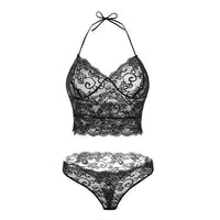 a women's bra and panty set in black lace
