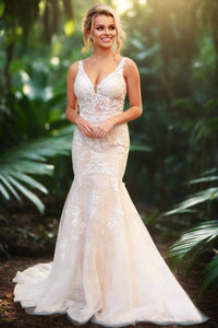 Classic Plunging Neckline Lace Mermaid Gown Luxurious Weddings