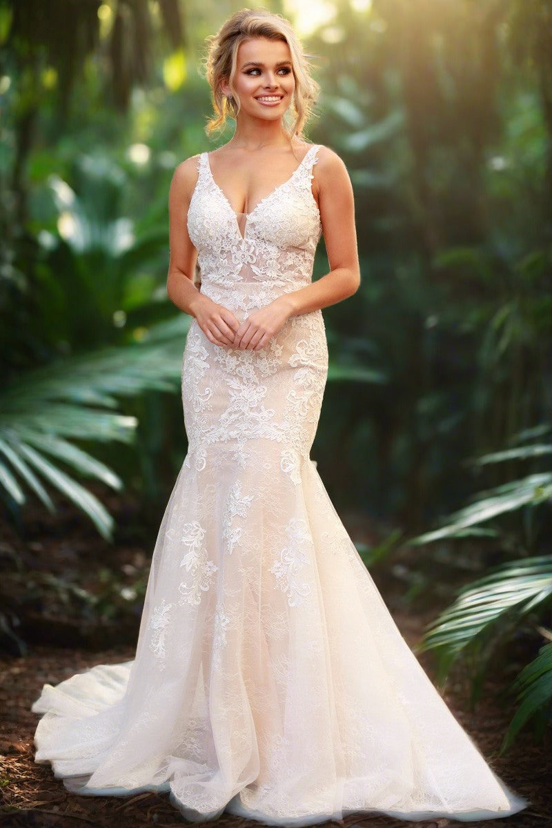 Classic Plunging Neckline Lace Mermaid Gown A-Line Mermaid Gown Luxurious Weddings