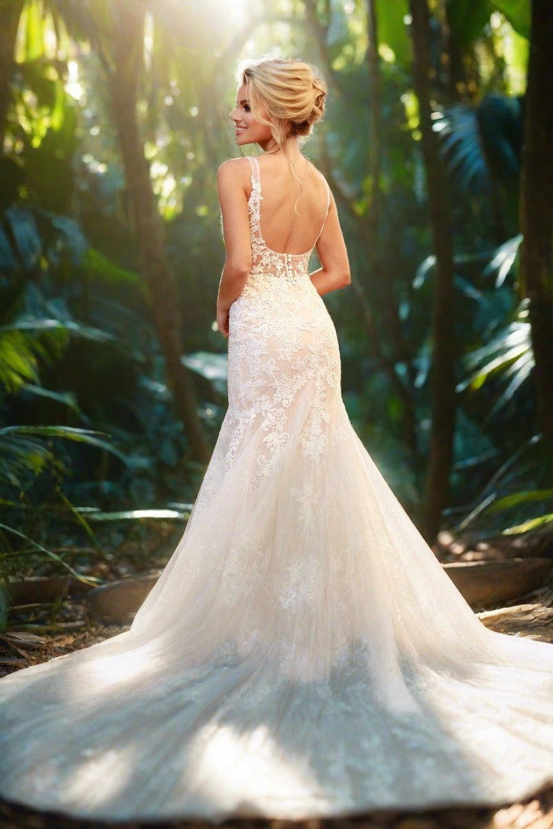 Classic Plunging Neckline Lace Mermaid Gown A-Line Mermaid Gown Luxurious Weddings