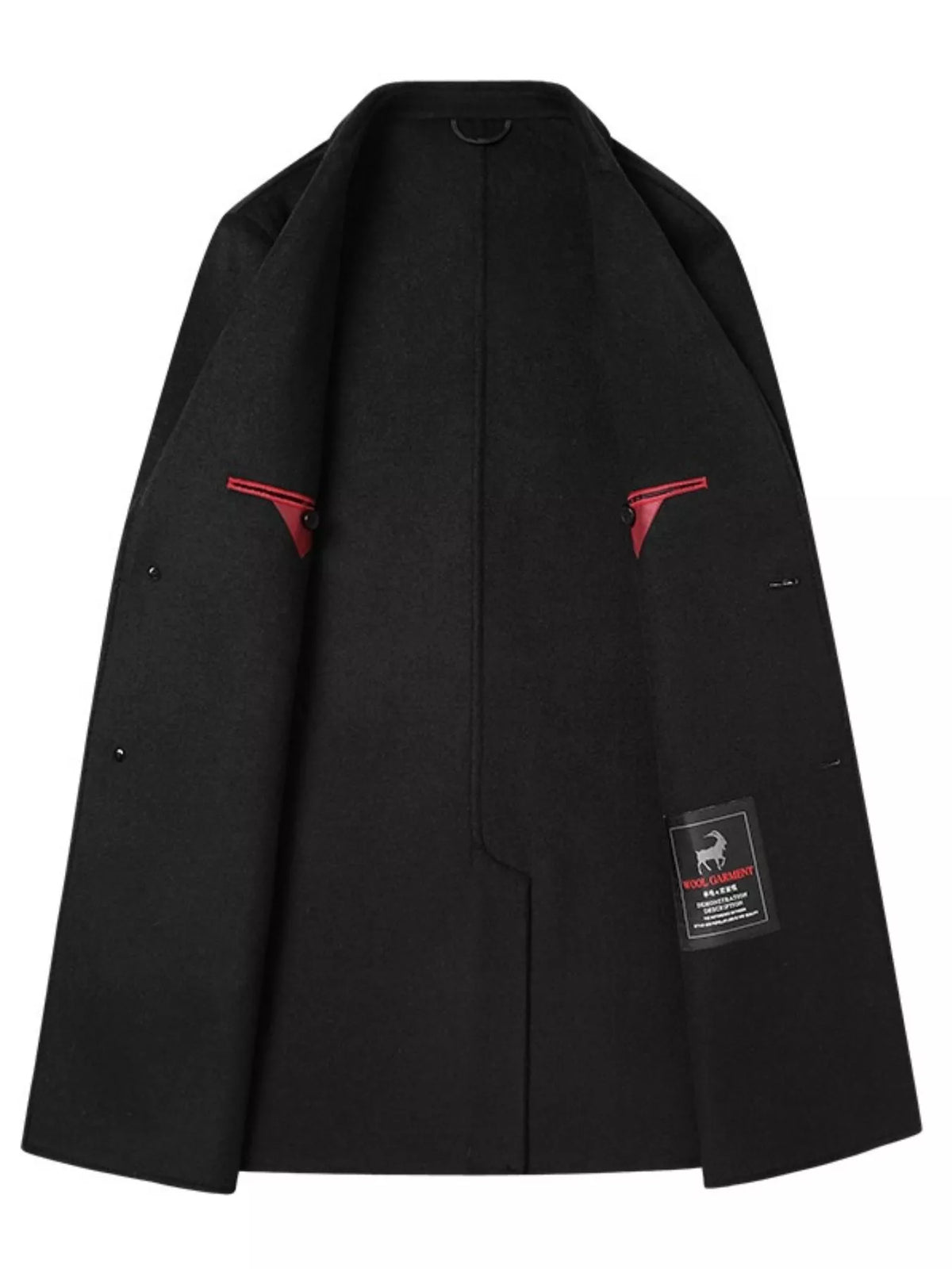 Men's plus size long sleeve button-up coat, black with red accents, showcasing the interior design and pockets.