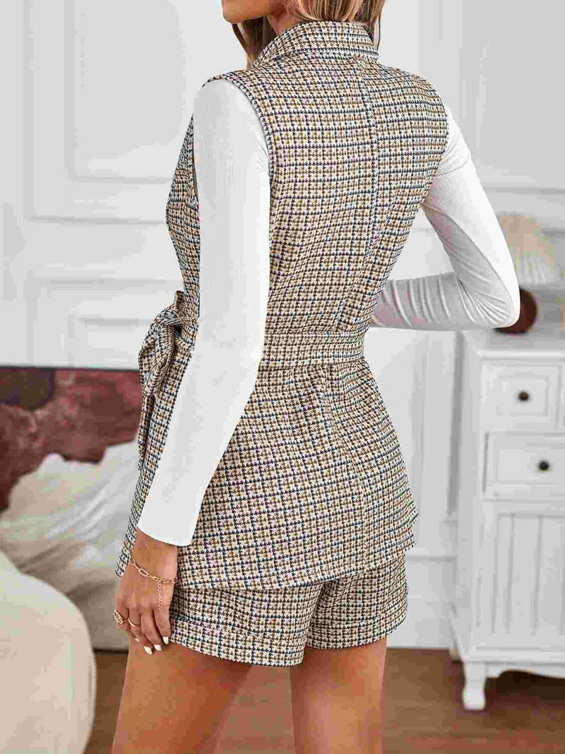 Tied Plaid Collared Neck Vest and Shorts Set Matching Sets Luxurious Weddings