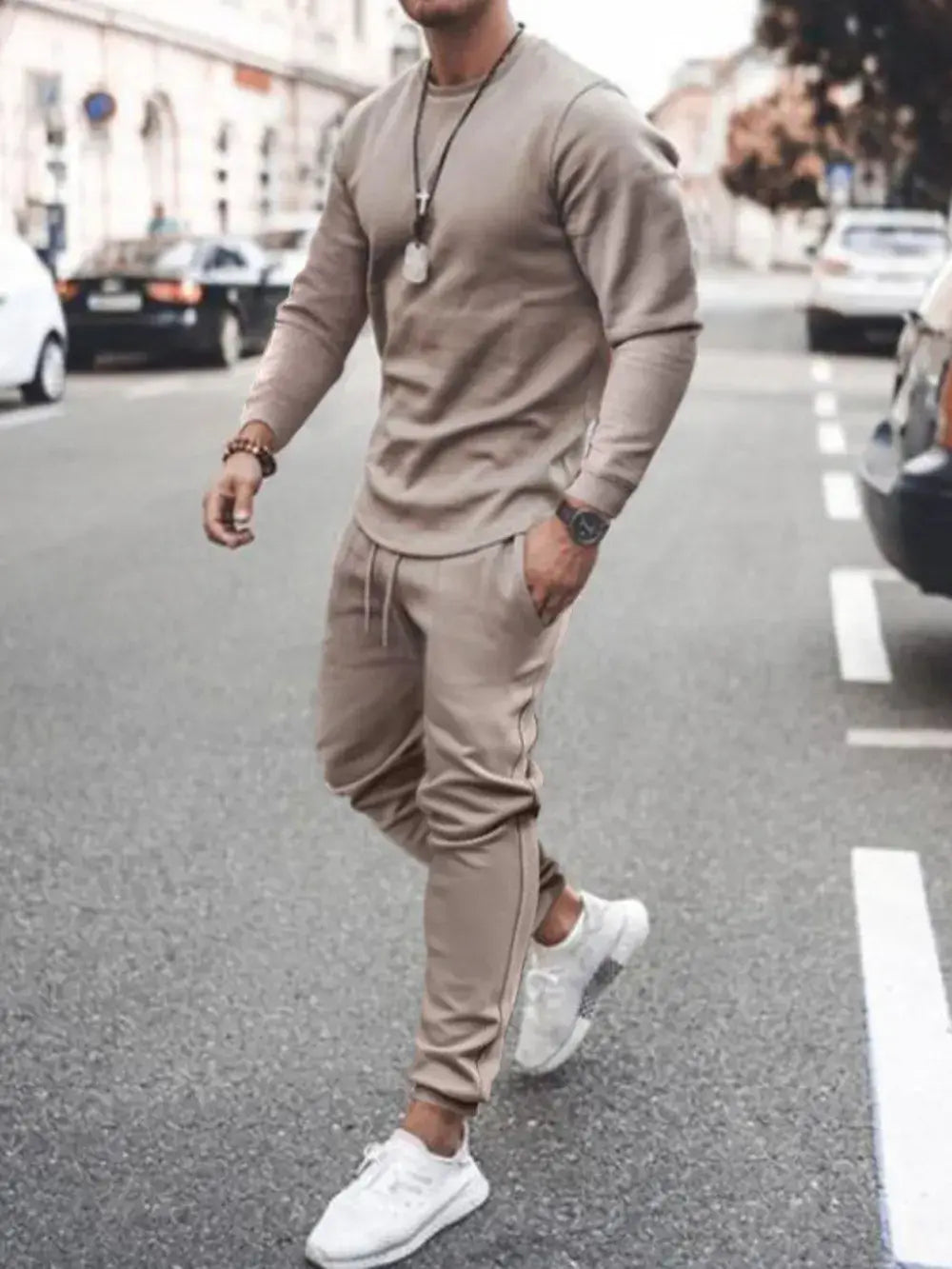 Men's plus size two-piece round neck long sleeve top and pants set in beige, perfect for casual wear and comfort.