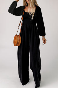 Black Smocked Square Neck Long Sleeve Wide Leg Jumpsuit Luxurious Weddings