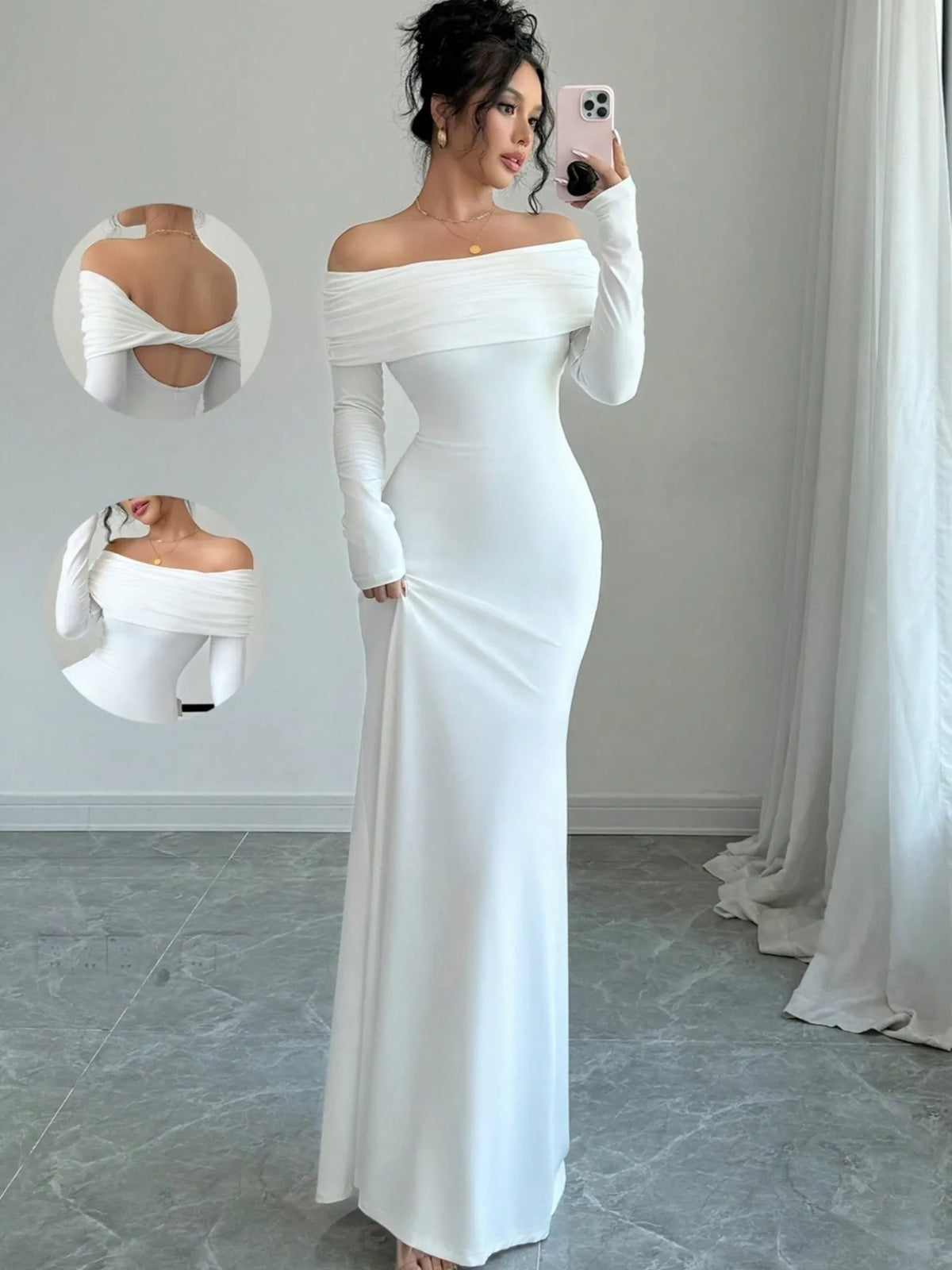 Off-shoulder long sleeve bodycon maxi dress in white, featuring a backless design, perfect for luxurious weddings.