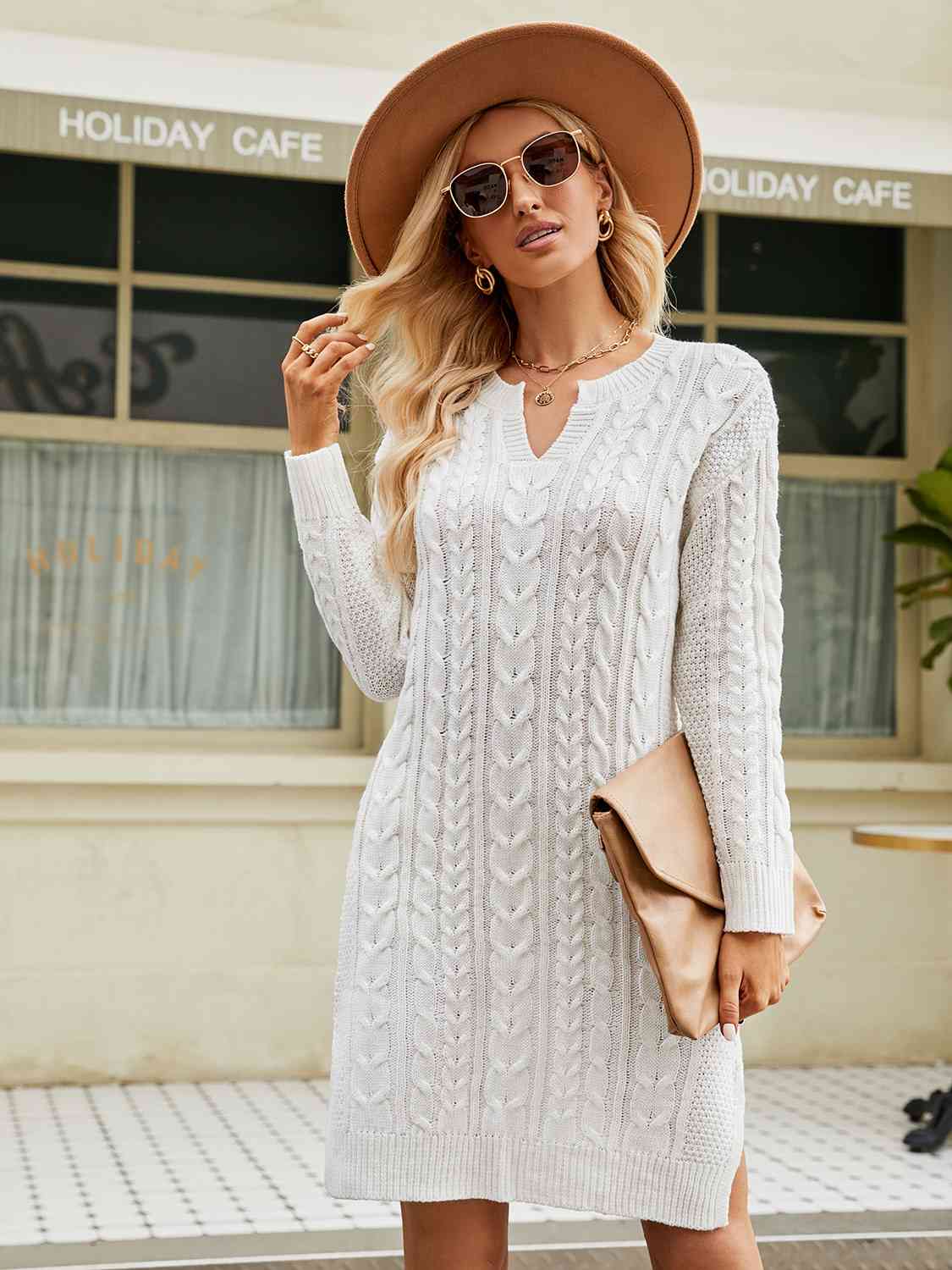 Notched Neck Cable-Knit Slit Sweater Dress sweater Luxurious Weddings