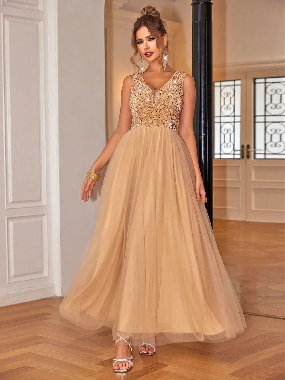 Sequin V-Neck Sleeveless Dress sequin dress Luxurious Weddings