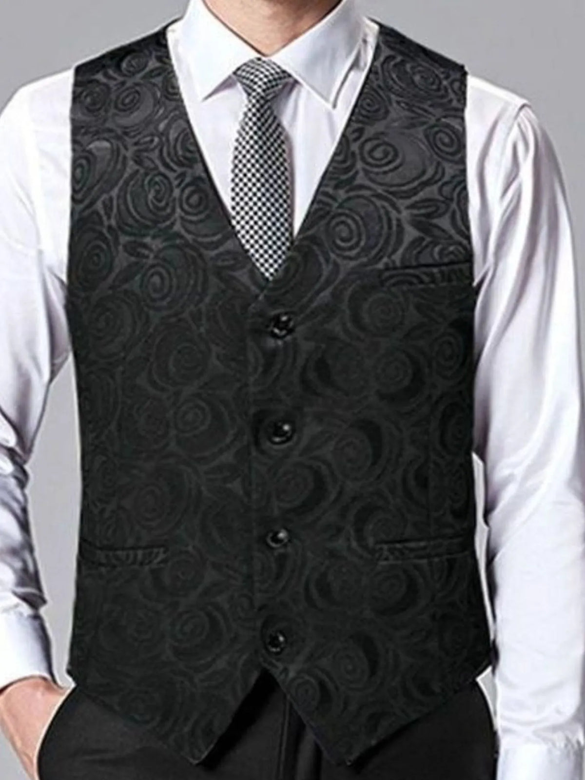 Men's plus size V-neck button-up vest in black with floral pattern, styled with a white shirt and tie.