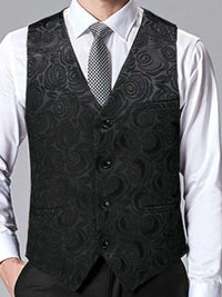 Men's plus size V-neck button-up vest in black with floral pattern, styled with a white shirt and tie.