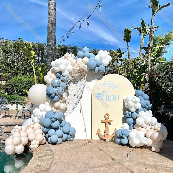 157pcs Baby Shower Balloons Garland Smoke Blue White Boho Matte Balloon Gender Reveal 1st Birthday Backdrop Retro Bridal Shower Balloon Garlands