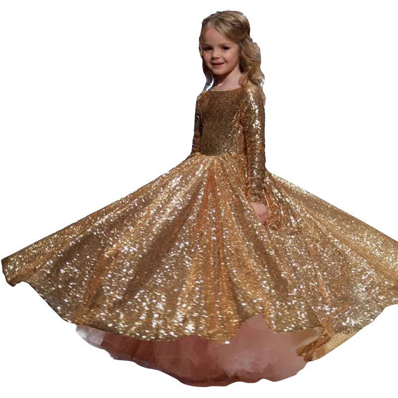 Girls' Little Princess Dress With Gold Sequins And Fluffy Yarn Luxurious Weddings