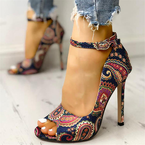 Paisley Print High Stiletto with Buckle Strap platform heels