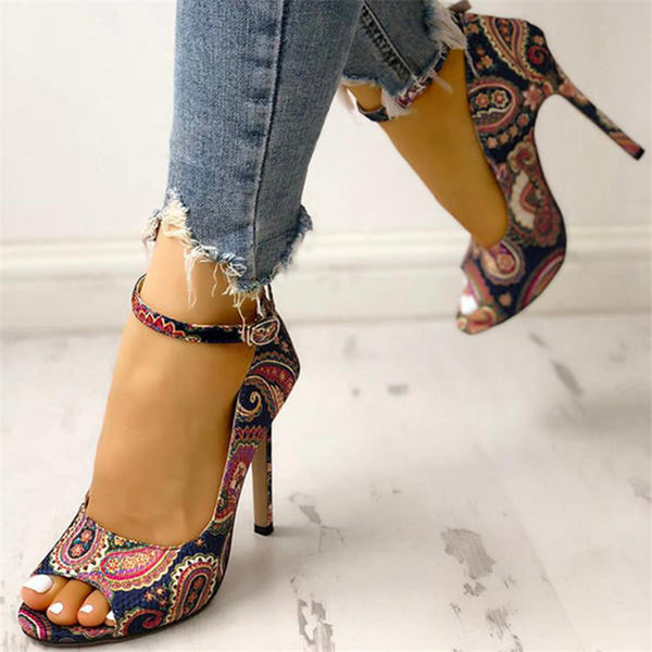Paisley Print High Stiletto with Buckle Strap platform heels