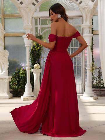 Off Shoulder Side Draped Wrap Hem Formal Dress Luxurious Weddings