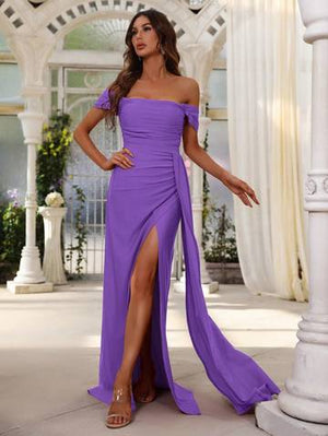 Off Shoulder Side Draped Wrap Hem Formal Dress Luxurious Weddings