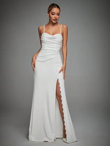 Lace Trim Ruched Split Thigh Cami Dress Wedding Dresses Luxurious Weddings