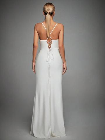 Lace Trim Ruched Split Thigh Cami Dress Wedding Dresses Luxurious Weddings