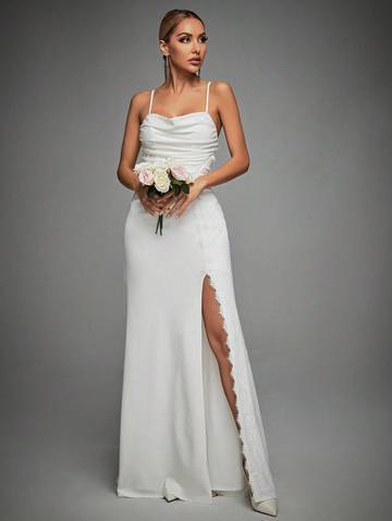 Lace Trim Ruched Split Thigh Cami Dress Luxurious Weddings