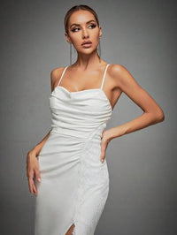 Lace Trim Ruched Split Thigh Cami Dress Luxurious Weddings