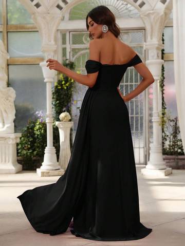 Off Shoulder Side Draped Wrap Hem Formal Dress Luxurious Weddings