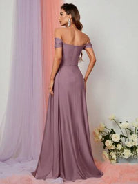 Off Shoulder Side Draped Wrap Hem Formal Dress Luxurious Weddings