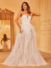 Off Shoulder Ruffle Trim Mesh Overlay Wedding Dress Luxurious Weddings