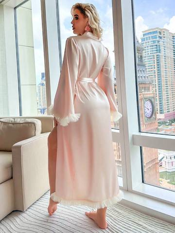 Fuzzy Trim Belted Satin Robe Luxurious Weddings