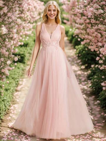 a woman in a pink dress standing in a garden