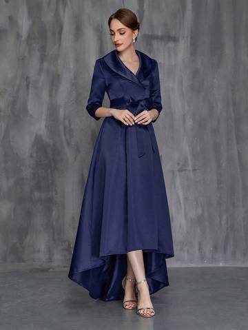 Shawl Collar High Low Hem Belted Mother of the Bride Dress Mother of the Bride Dresses Luxurious Weddings