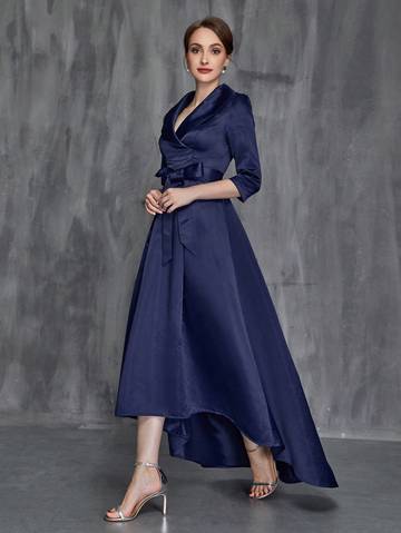 Shawl Collar High Low Hem Belted Mother of the Bride Dress Luxurious Weddings