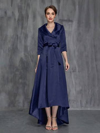 Shawl Collar High Low Hem Belted Mother of the Bride Dress Luxurious Weddings