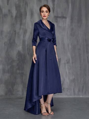 Shawl Collar High Low Hem Belted Mother of the Bride Dress Luxurious Weddings