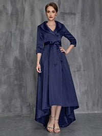 Shawl Collar High Low Hem Belted Mother of the Bride Dress Luxurious Weddings