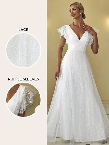 Emily Ruffle Lace Trim Backless Wedding Dress Luxurious Weddings