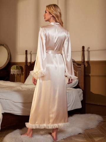 Fuzzy Trim Belted Satin Robe Luxurious Weddings