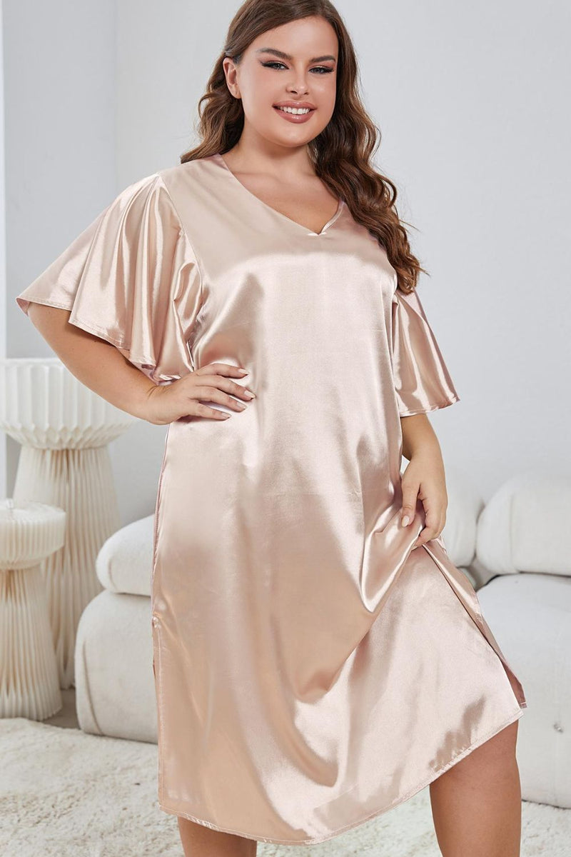 Plus Size Flutter Sleeve V-Neck Side Slit Night Gown Plus size sleep wear Luxurious Weddings