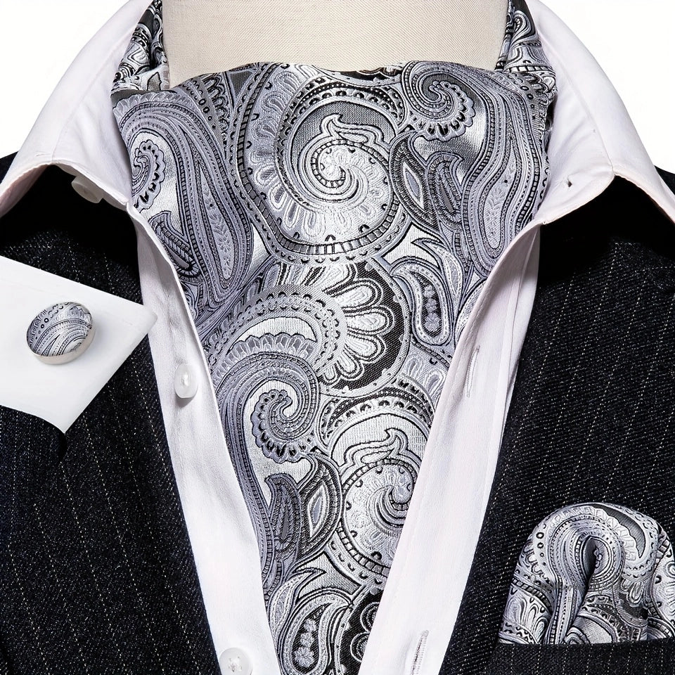 Silver Paisley Ascot Tie - Elegant Gatsby Wedding Accessory Tie Set Luxurious Weddings