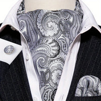 Silver Paisley Ascot Tie - Elegant Gatsby Wedding Accessory Tie Set Luxurious Weddings