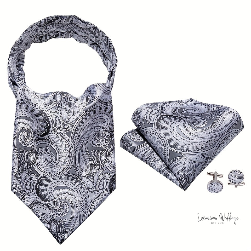Silver Paisley Ascot Tie - Elegant Gatsby Wedding Accessory Tie Set Luxurious Weddings