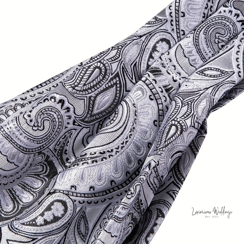 Silver Paisley Ascot Tie - Elegant Gatsby Wedding Accessory Tie Set Luxurious Weddings