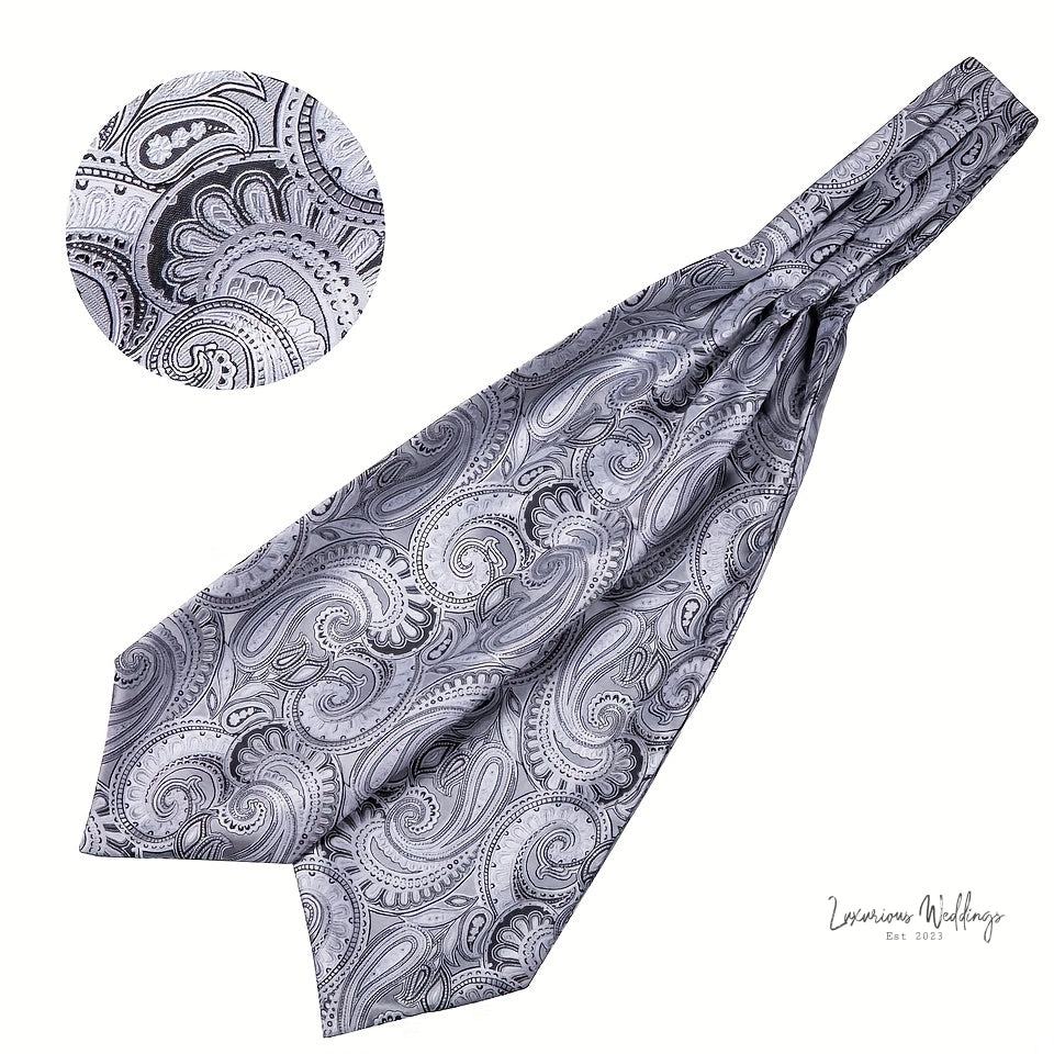 Silver Paisley Ascot Tie - Elegant Gatsby Wedding Accessory Tie Set Luxurious Weddings
