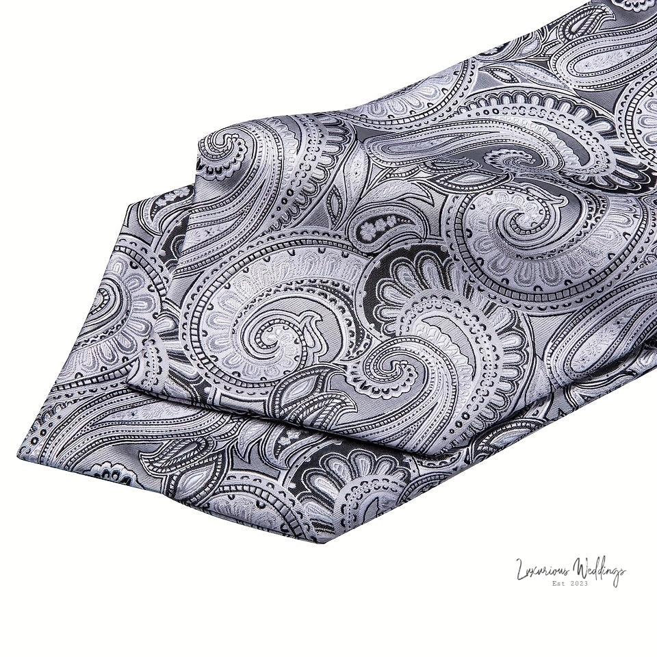 Silver Paisley Ascot Tie - Elegant Gatsby Wedding Accessory Tie Set Luxurious Weddings