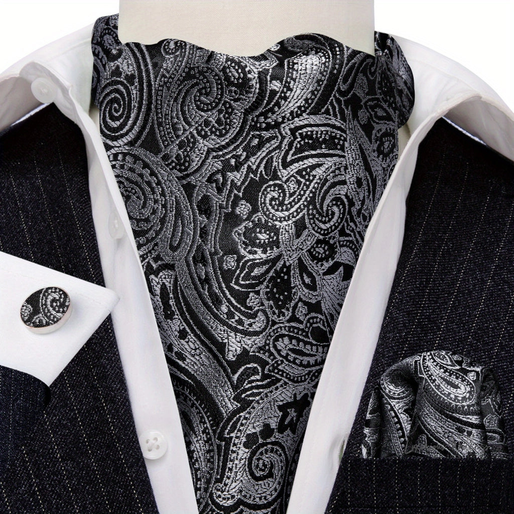 Silver Paisley Ascot Tie - Elegant Gatsby Wedding Accessory Tie Set Luxurious Weddings