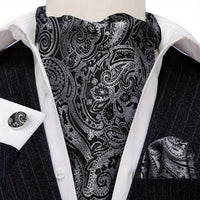 Silver Paisley Ascot Tie - Elegant Gatsby Wedding Accessory Tie Set Luxurious Weddings