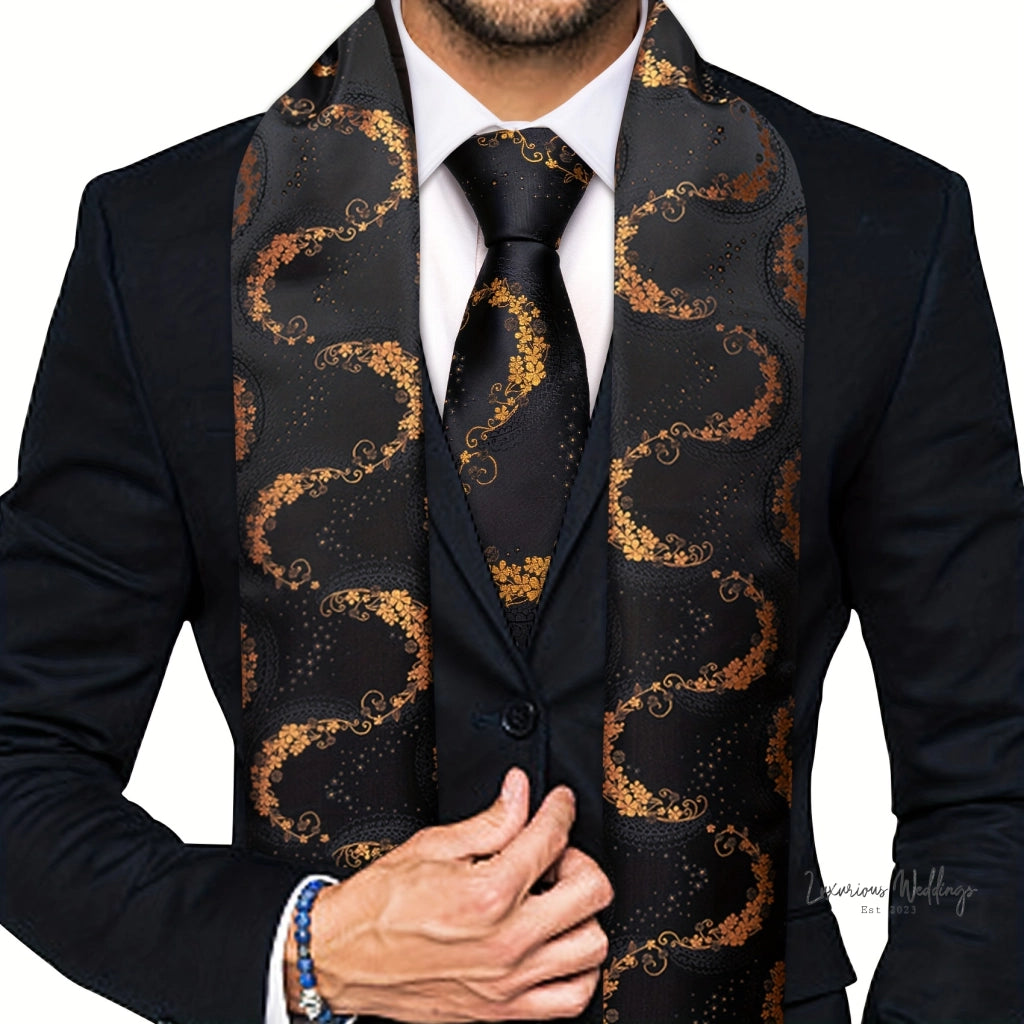 Elegant Satin Scarf & Necktie Set for Men - 100% Polyester, Woven Details Silk Scarf Luxurious Weddings